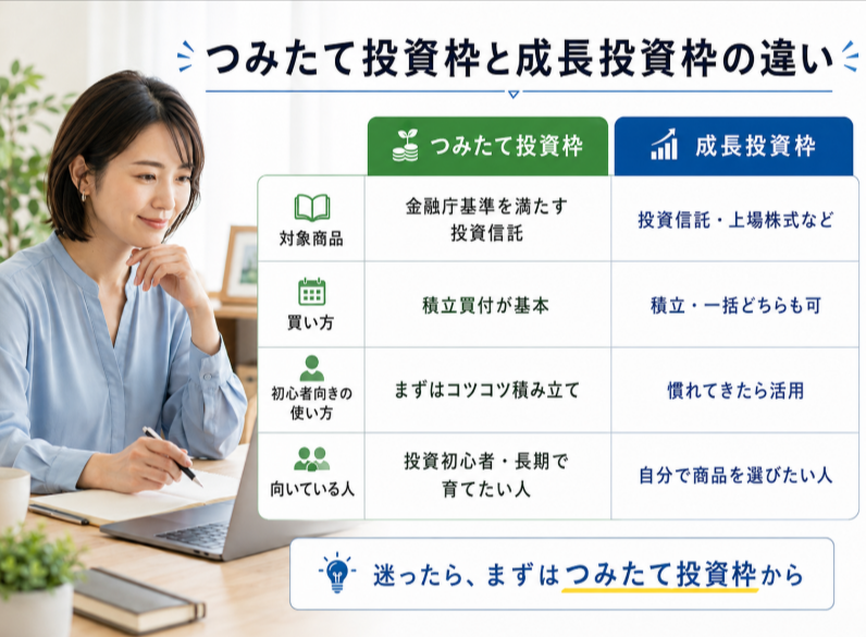 新NISAのつみたて投資枠と成長投資枠の違いを比較する図解